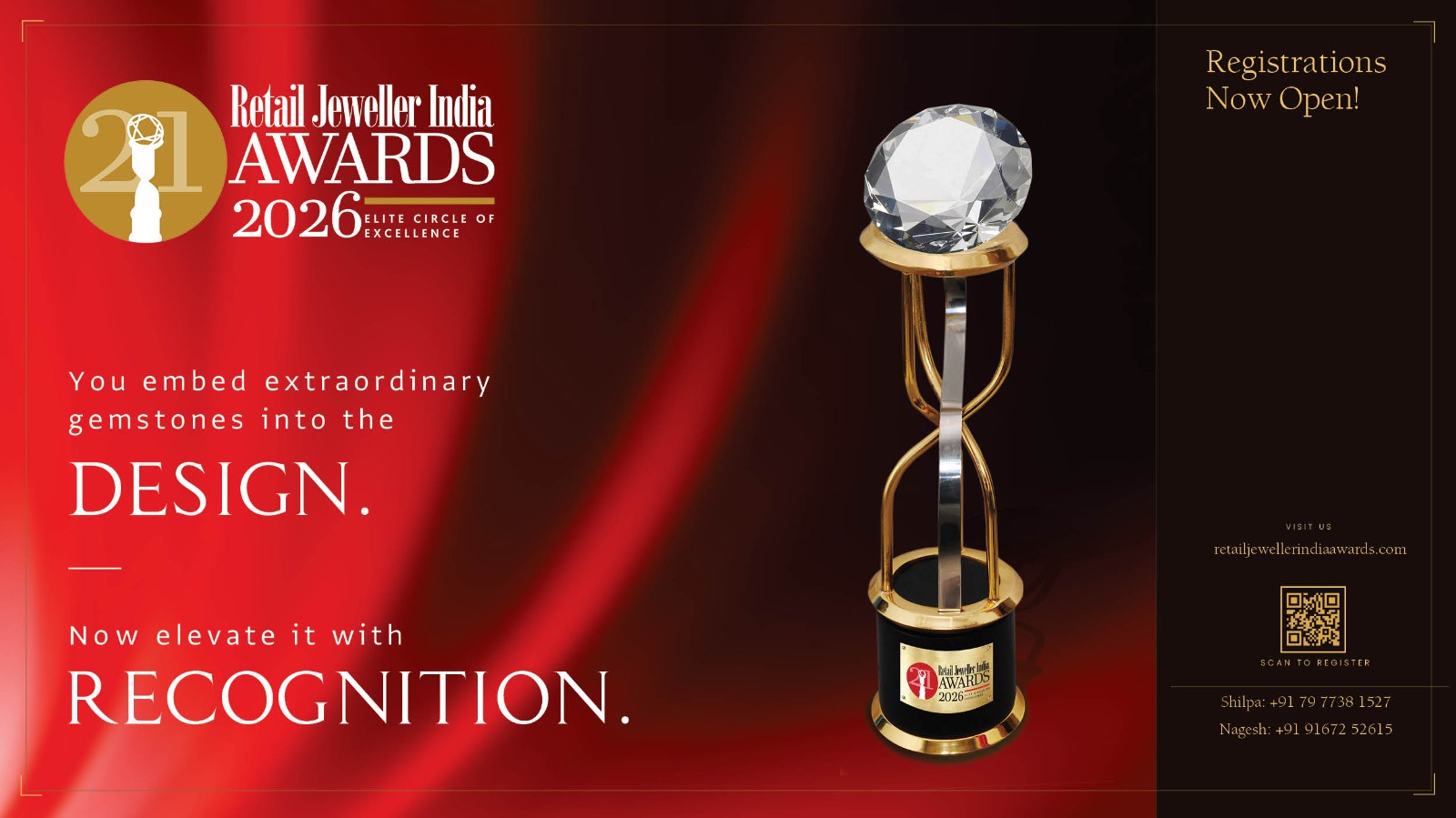 Retail Jeweller India Awards 2026 trophy with diamond top and registration call-to-action on red background